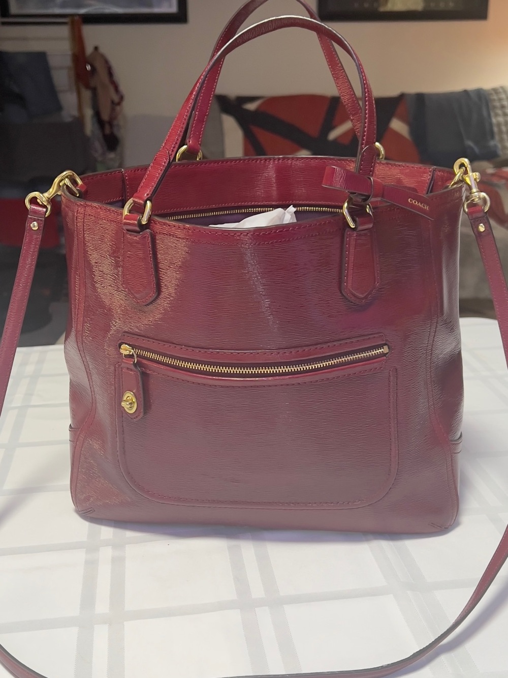 Coach Cherry Red Leather Tote with Gold Hardware